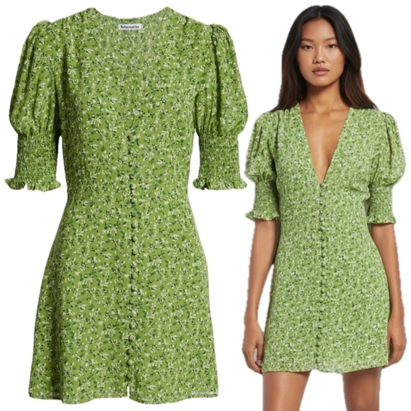 Reformation Dresses & Skirts - Reformation Green Alison Floral Button Down Short Puff Sleeve Mini Sun Dress